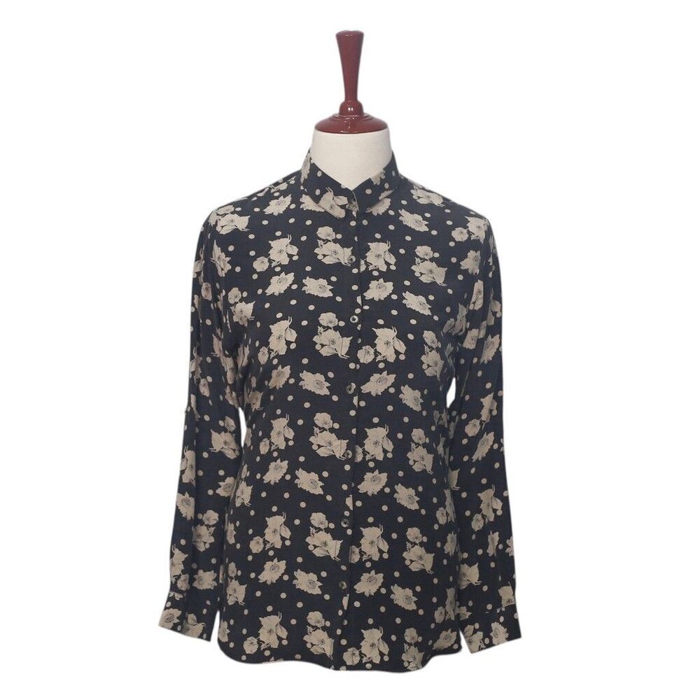 Womens Faux Suede Shirt Black Beige Floral Blouse Button Up Dressy Top Medium